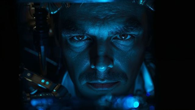 Cybertech engineer closeup peering through electronics with blue led robotic arm