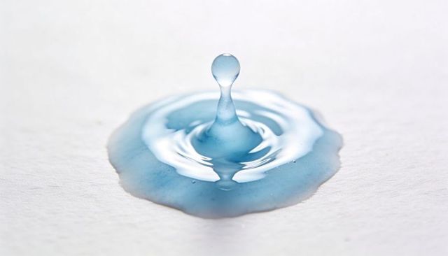 Blue droplet forming glassy column and concentric ripples on white paper macro close-up