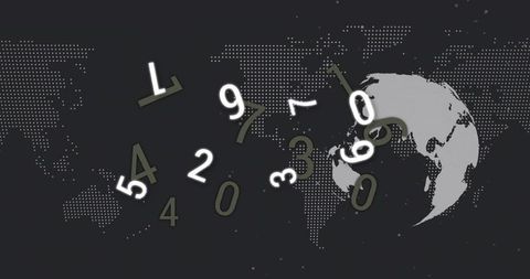 Floating numeric data flow rotating over dotted world map and abstract globe