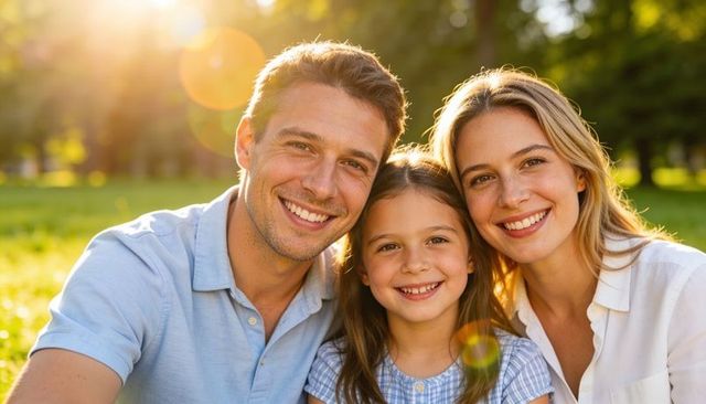 Smiling family enjoying golden hour in park with lens flare and warm backlight