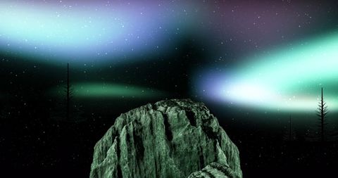 Magical Aurora Borealis Over Winter Forest with Old Stone