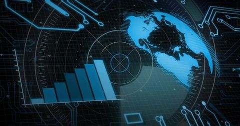 Rotating digital globe dashboard with neon analytics and ascending bar chart HUD