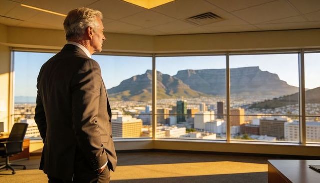 Senior executive gazing over urban skyline from corner office with mountain backdrop