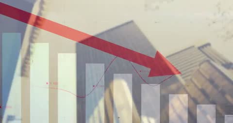 Red Arrow Demonstrating Economic Decline with Cityscape in Background