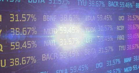 Flashing lens flare highlighting stock percentages and ticker codes on blue trading screen
