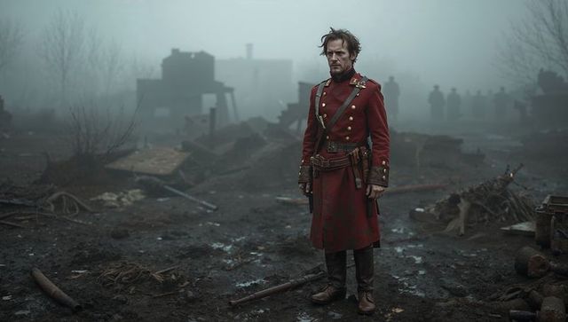 Lone Soldier in Red Coat on Muddy Battlefield