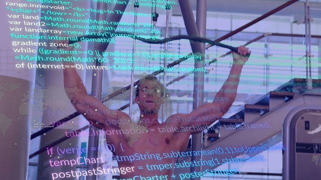 Man doing a workout with digital code overlays on transparent screen symbolizing innovation in fitness technology. Useful for promotions of tech-driven athletic programs and health apps.