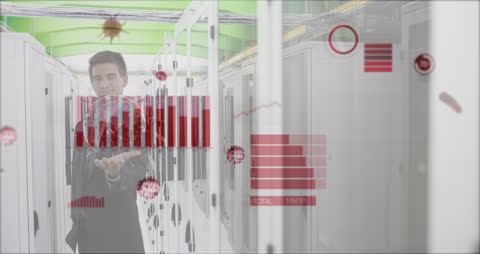 Caucasian Male Engineer in Data Center with Digital Interface Overlay