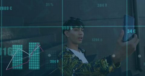 Fashionable young man using smartphone with futuristic elements