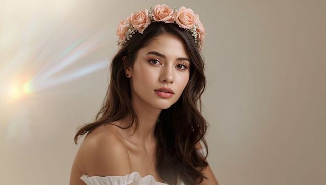 Elegant portrait of woman with floral crown on light background