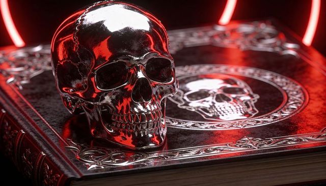 Chrome skull reflecting red neon rings on embossed leather grimoire with filigree