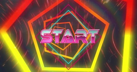 Retro neon start screen with hexagonal loops