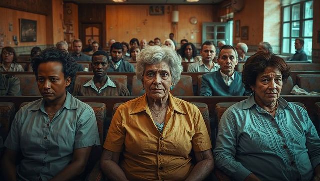Senior Woman in Community Assembly Room with Focus Leaders