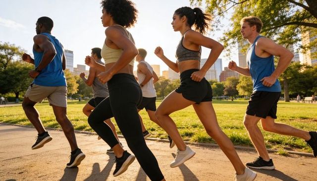 Urban group sprinting at golden hour, diverse runners training in city park