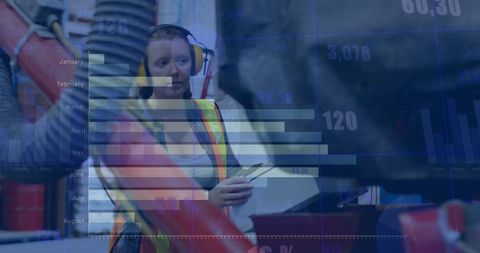 Factory worker with layered digital financial charts