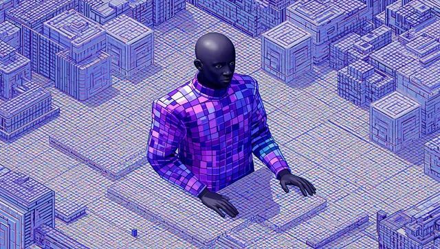 Emerging digital figure in purple checkered shirt rising from isometric cubic grid city