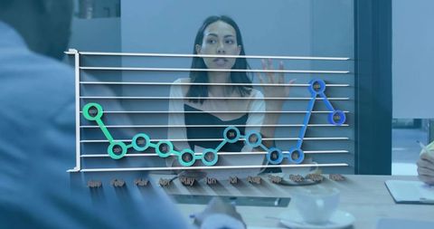 Female analyst presenting translucent line chart in glass boardroom during business meeting