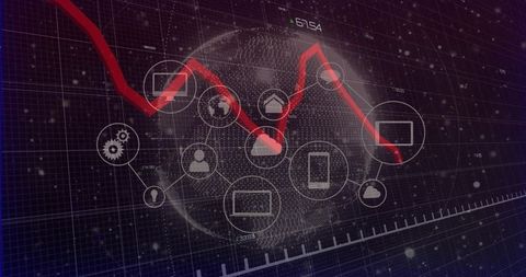 Digital globe with red trend line and iot network icons on futuristic data dashboard