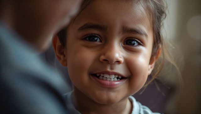 Smiling toddler girl gazing toward adult shoulder in soft window light, closeup family portrait