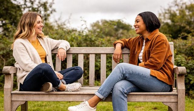 Friends chatting on wooden park bench during overcast day wearing cardigan and corduroy