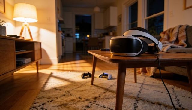 Vr headset resting on coffee table in cozy room with game controllers and warm light