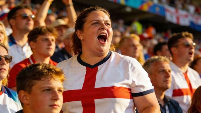 Woman leading england fans cheering and chanting in vibrant stadium crowd