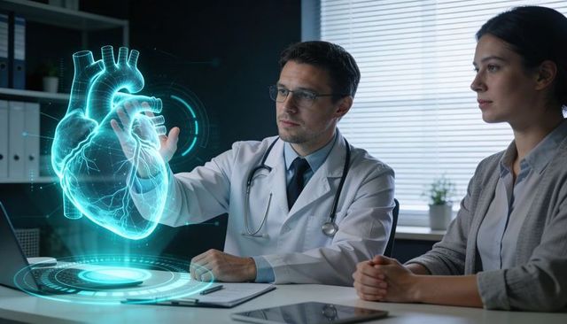 Cardiologist pointing at holographic heart during patient consult, medtech visualization