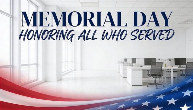 Memorial day office tribute honoring all who served with patriotic flag ribbon overlay