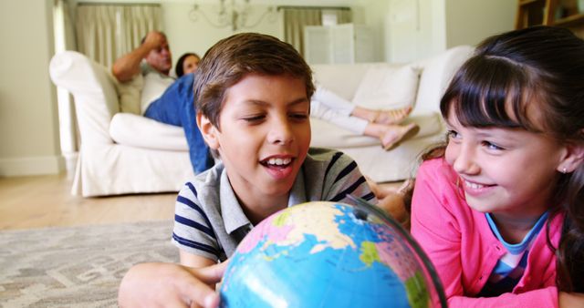 Children Learning Geography with Globe at Home - Download Free Stock Images Pikwizard.com