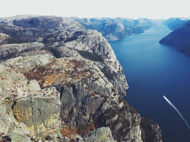 This breathtaking aerial view captures Pulpit Rock in Norway overlooking the scenic Lysefjord. Known for its stunning panoramas, this destination is perfect for promoting travel and tourism, nature adventures, and outdoor activities. Ideal for travel blogs, brochures, and websites highlighting must-see destinations.