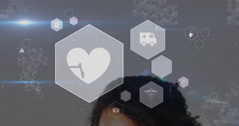 Digital Interface with Medical Icons Overlaid on Futuristic Background