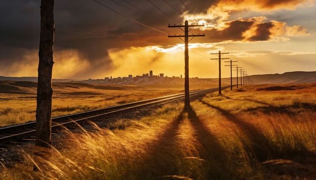 Golden prairie railroad at sunset with telegraph poles, leading lines and dramatic sunbeams
