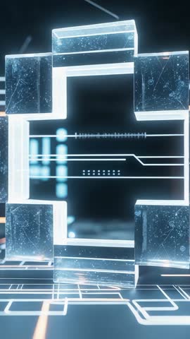 Vertical tech video: Rotating glass cube frame revealing holographic circuit data