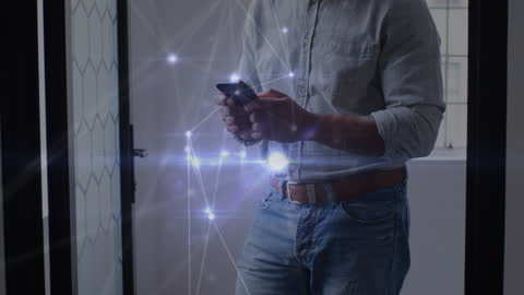 Tech-Savvy Person Using Smartphone with Digital Network Overlay