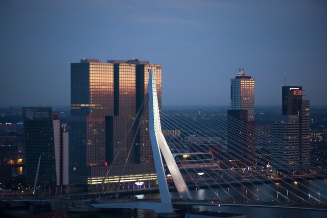 Aerial view of Rotterdam skyline at twilight with Erasmus Bridge - Download Free Stock Photos Pikwizard.com