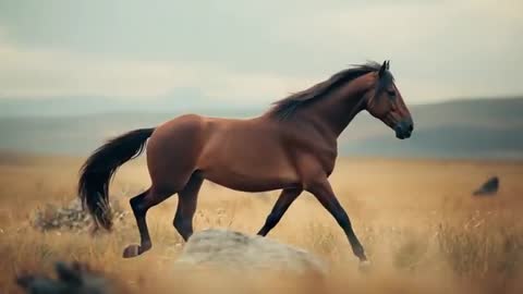 Majestic Bay Horse Trotting in an Open Grassy Plain