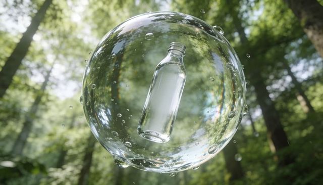 Glass bottle floating inside giant soap bubble over sunlit forest canopy, light refraction