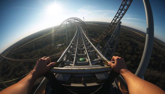Thrilling Roller Coaster Ride Over Scenic Landscape