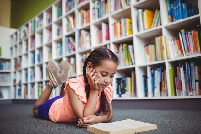 Young girl lying on floor reading book in library. Ideal for educational content, literacy campaigns, school promotions, and children's literature advertisements.