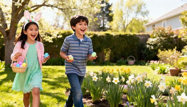 Smiling kids running and collecting easter eggs in sunny backyard garden with daffodils