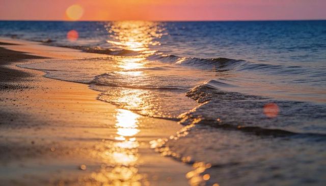 Glistening sunset light reflecting on calm shoreline with small breaking waves