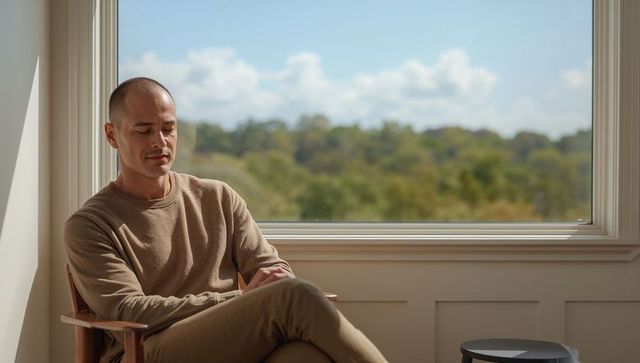 Sunlit calm man sitting by large window in neutral sweater for mindfulness and interiors