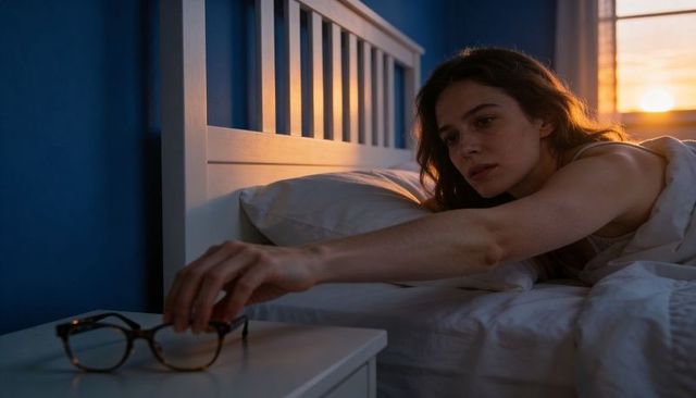 Woman Reaching for Eyeglasses on Nightstand at Sunrise While Lying in Bed
