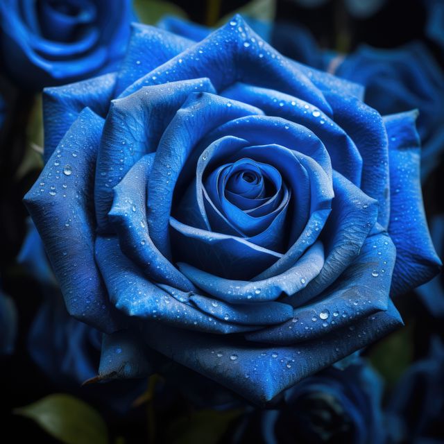 A vibrant blue rose glistens with water droplets. Its unique color stands out, symbolizing mystery and the unattainable in floral language.