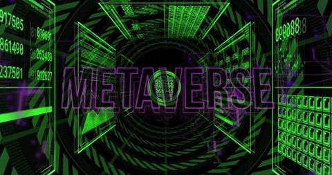 Neon Metaverse Tunnel Displaying Holographic Data Panels and Cyber Wireframe Interface