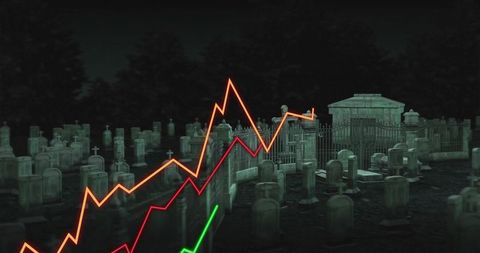 Cryptocurrency Data Superimposed Over Graveyard at Night