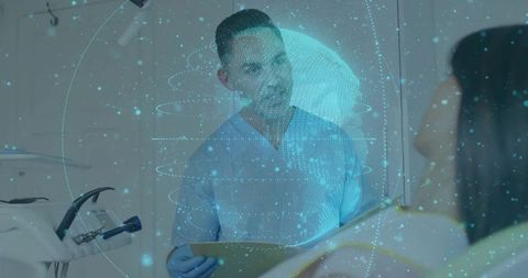 Dentist consulting patient with holographic data globe augmented reality dental technology