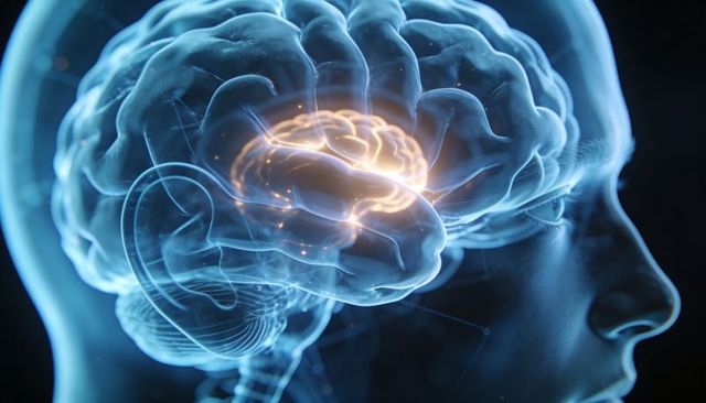 Translucent head revealing glowing brain activity and neural network pathways 3D render