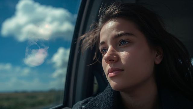 Young woman gazing from car window during sunlit road trip, clouds reflecting