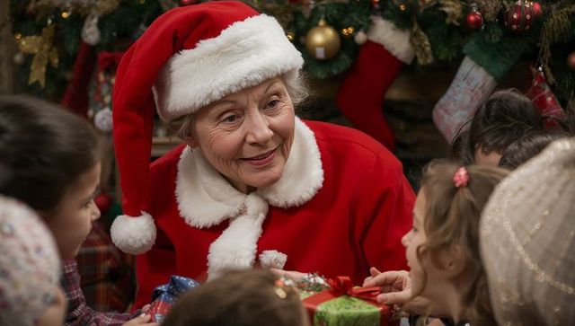 Grandmother Dressed as Mrs. Claus Sharing Gifts During Christmas